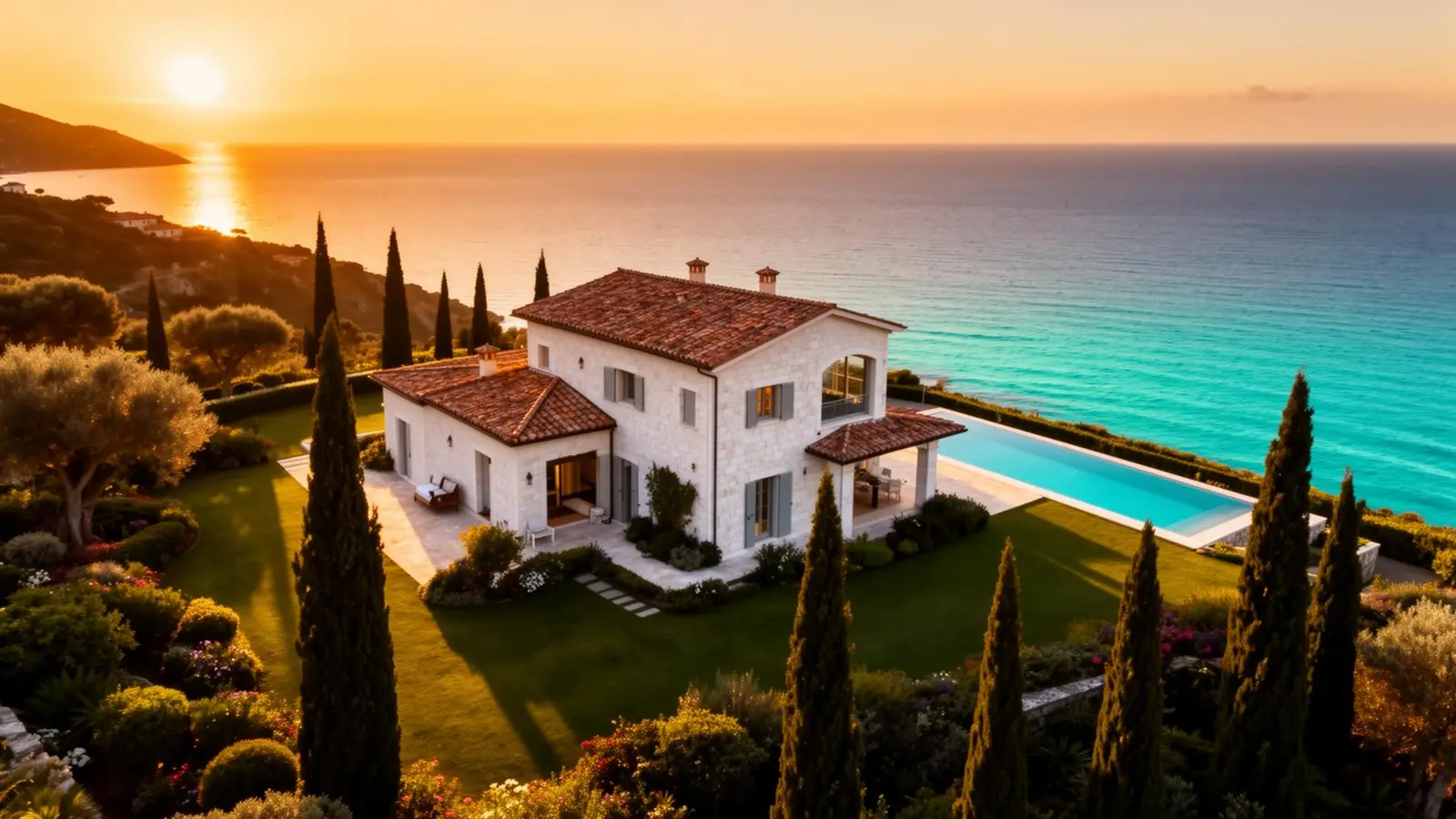 Villa mediterranea di lusso sull'Isola d'Elba al tramonto